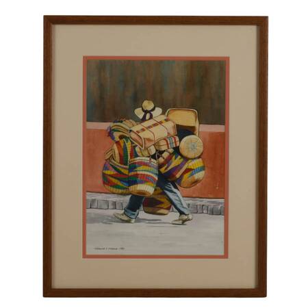 Framed Signed Joanne Lithgow Vendedor de Canastas Mixed-Media Painting