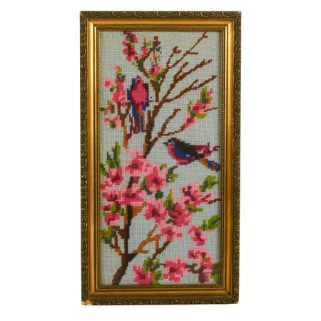 Framed Cherry Blossom and Birds Gobelin Embroidery Panel