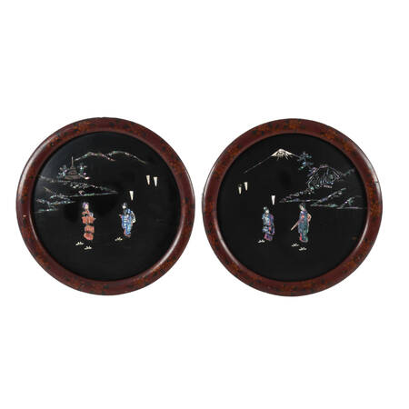 Pair of Chinese Lacquer and Mother of Pearl Round Wall Plaques