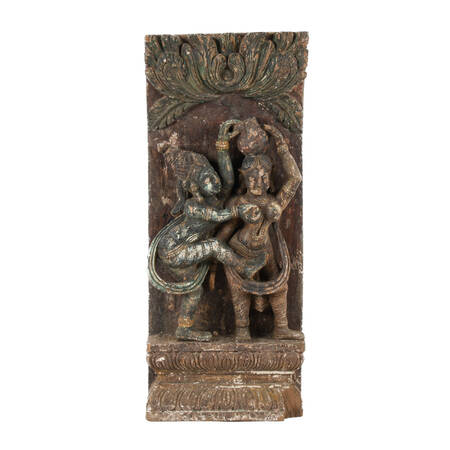 Antique Indian Polychrome Carved Wood Relief Panel of Krishna and Radha