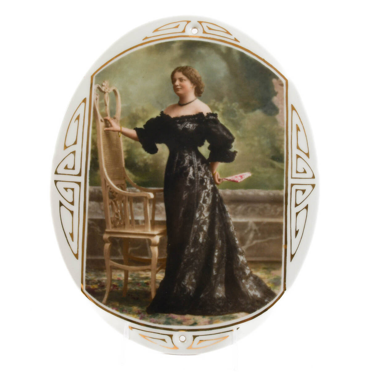 Large Antique Oval Painting on Porcelain of an Elegant Woman