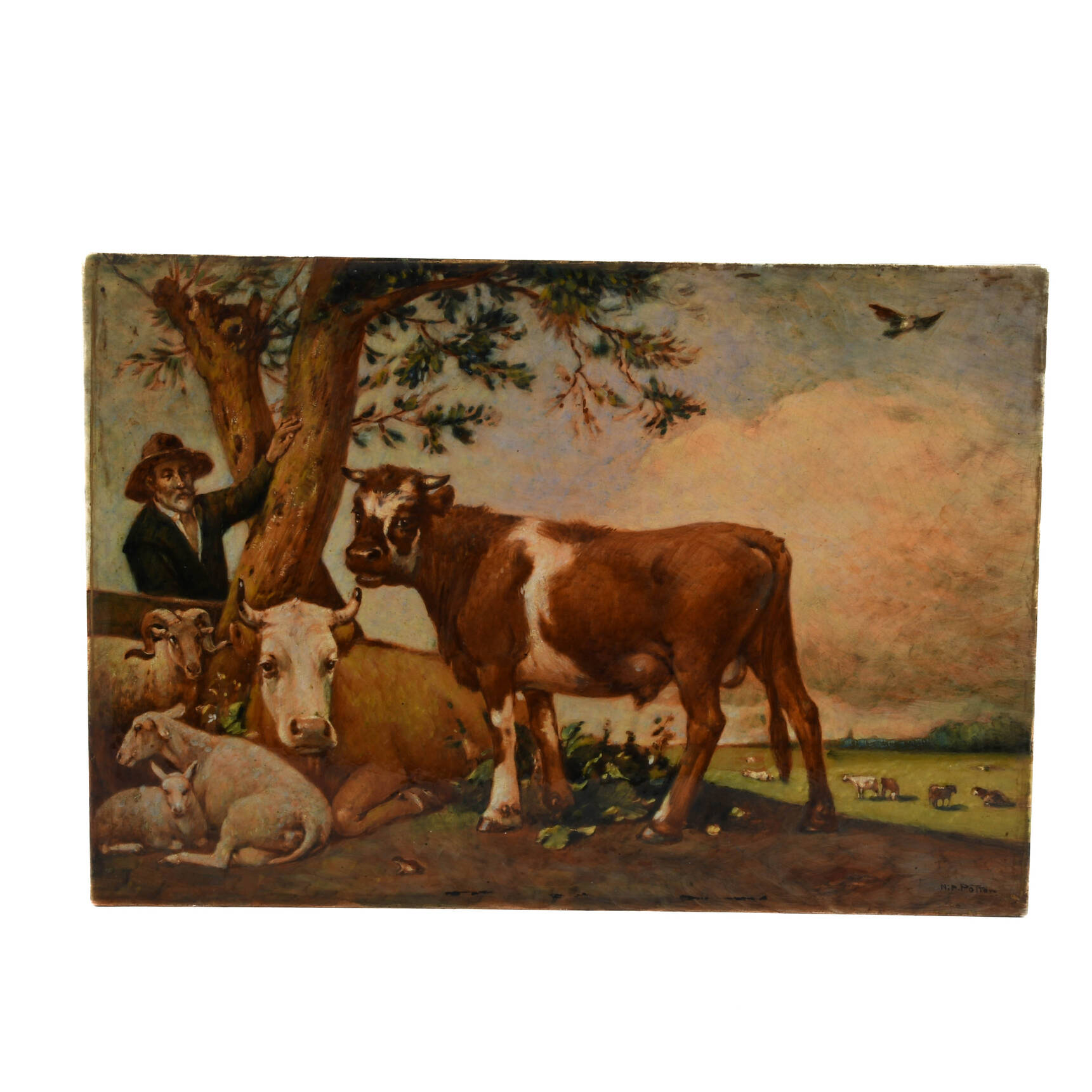 Oversized Gouda Tile Landscape Depicting Man and Cows