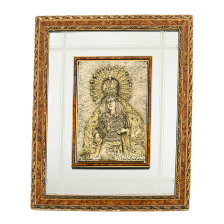 Framed Mirror and Wood Holy Mother Sculpture