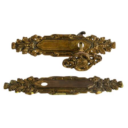 Pair of Vintage Ornate Portuguese Bronze Door Plates with One Knob