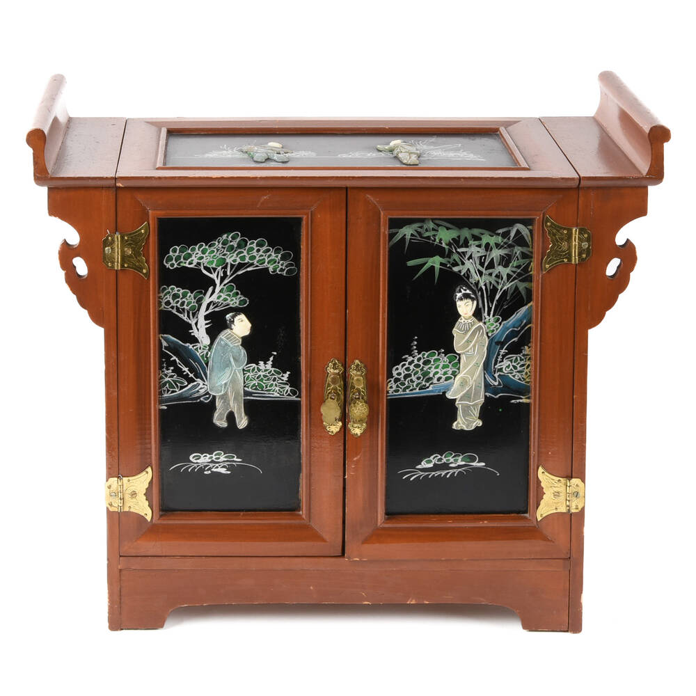 Asian Wooden Jewelry Box with Celluloid Figures