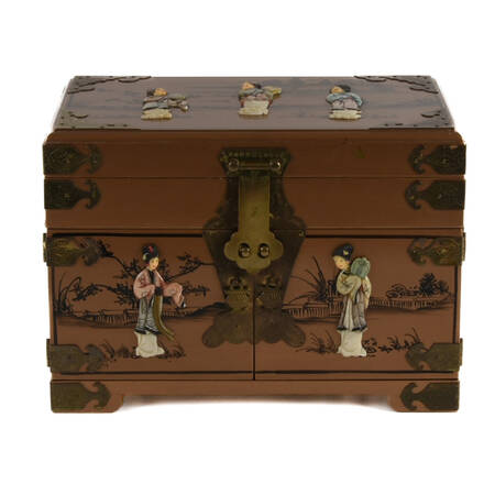 Gold Chinese Wood and Brass Scene Jewelry Box