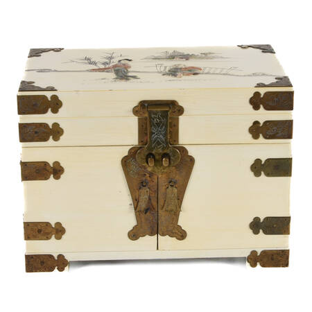 Chinese Cream Wood and Brass Jewelry Box with Lock and Key