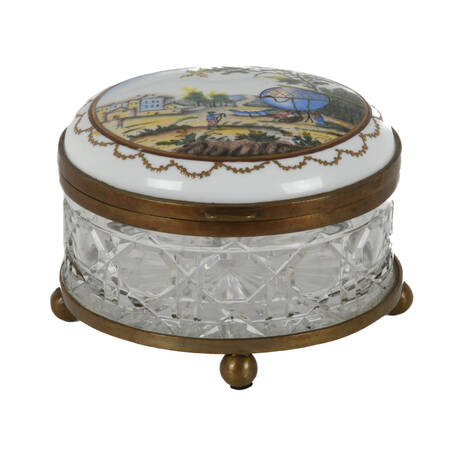 Antique Hand-Painted Hot Air Balloon Cut Glass Biscuit Jar