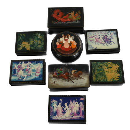 Eight-Piece Collection of Russian Hand-Painted Lacquer Boxes