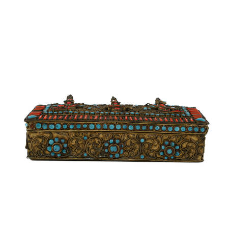 Antique Chinese Tibetan Figure Coral and Turquoise Trinket Box