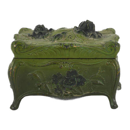 Antique Green Cast Metal Flower Form Jewelry Casket