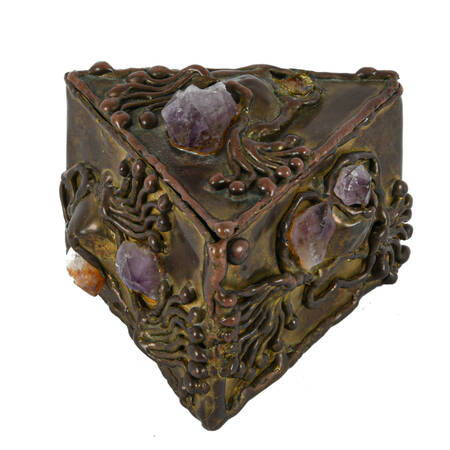 Signed Brutalist Brass and Gemstone Inlaid Trinket Box