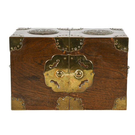 Chinese Folding Hardwood Jewelry Box with Brass Mounts