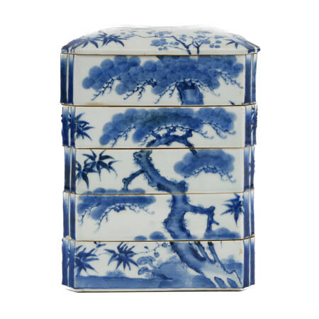 Antique Japanese Blue and White Five-Tiered Stacked Rectangular Lunch Box