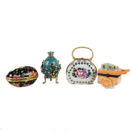 Group of 4 Figural Hinged Dresser Boxes, 2 Eggs, Purse, Wheelbarrow