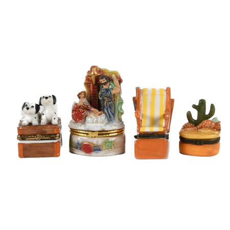 Group of 4 Dresser Boxes, Manger, Cactus, Beach Chair, Dalmation Dogs
