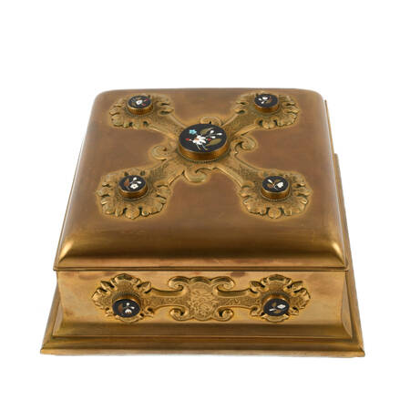 Antique Gilded Bronze Sewing Box with Pietra Dura Inset Stones