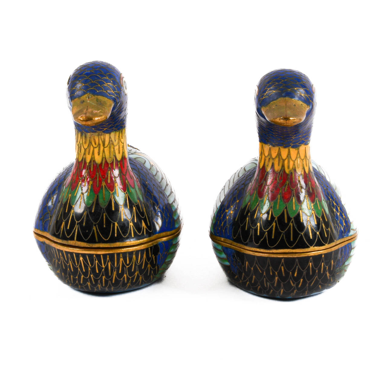 Antique Pair of Cloisonné Covered Duck Form Boxes