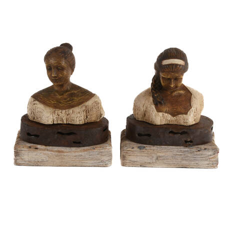 Pair of Detailed Figurines of Woman on Metal and Wood Base