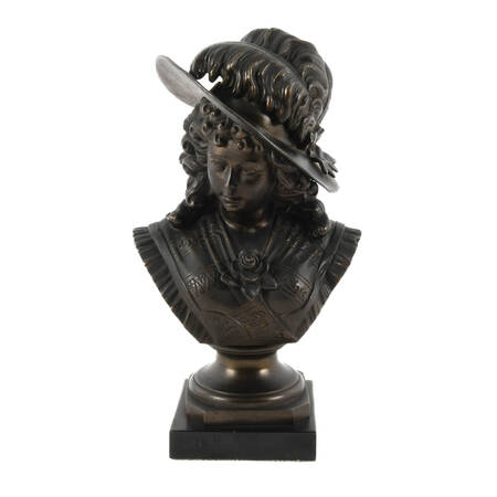 Victorian Bust of a Woman in a Feathered Hat Cast in Metal