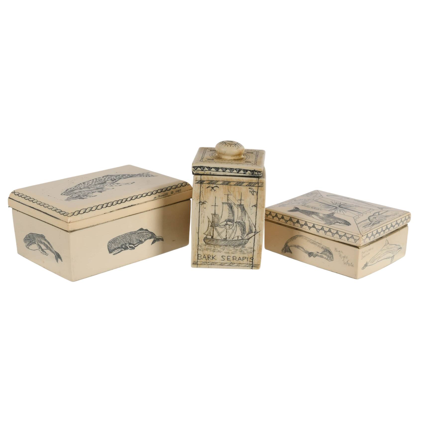 Set of Three Faux Ivory Trinket Boxes
