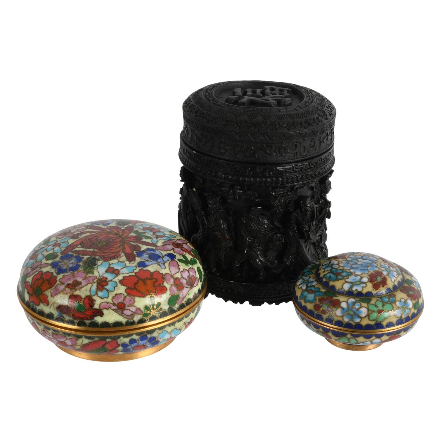 Antique Chinese Resin Box and Two Chinese Cloisonné Lidded Boxes