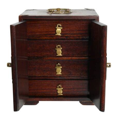 Vintage Chinese Huanghuali Wood and Brass Jewelry Box with Lock