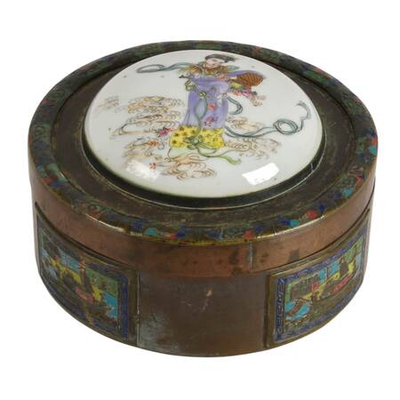 Chinese Enameled Brass Trinket Box with Painted Porcelain Lid