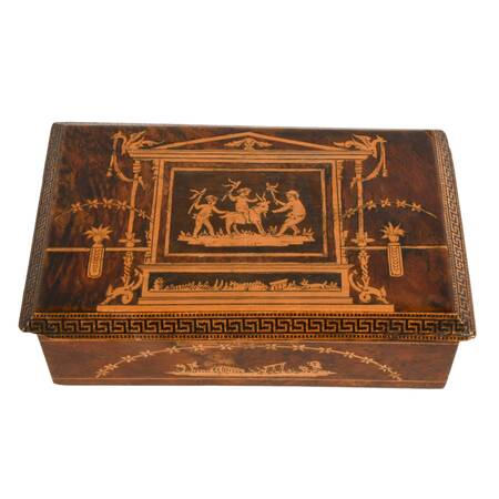 Vintage Italian Burlwood Marquetry Jewelry Box with Neoclassical Scenes