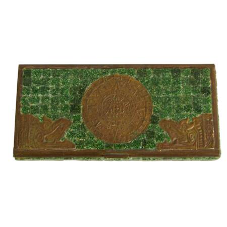 Handcrafted Mexican Brass Aztec Calendar Box with Mosaic Green Stone Inlay