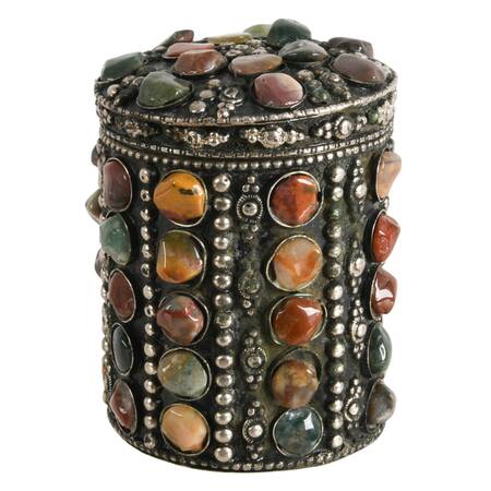 Vintage Metal Trinket Box with Inlaid Agate Stones