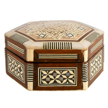 Hand-Crafted Moorish Hexagonal Mother of Pearl Inlaid Jewelry Box