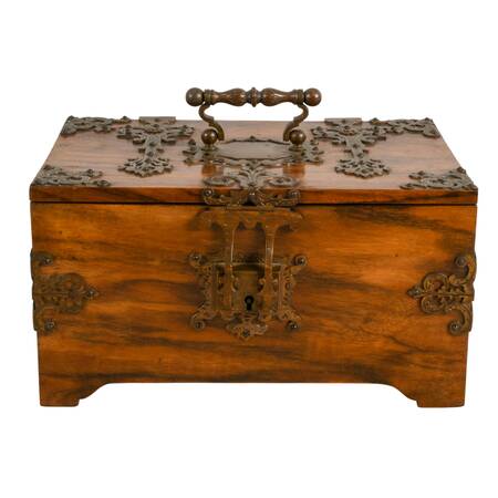 Antique English Walnut Jewelry Box with Ornate Brass Trim