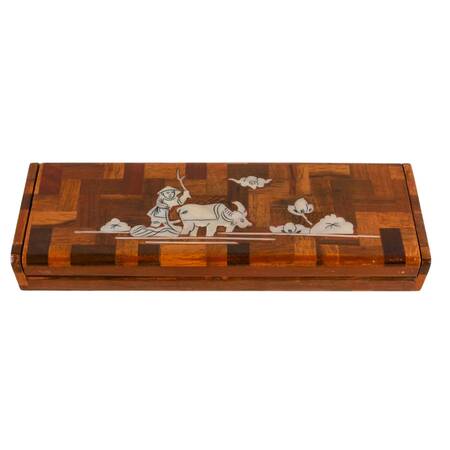 Mid-Century Asian Parquetry Wood Box with Mother of Pearl Inlay