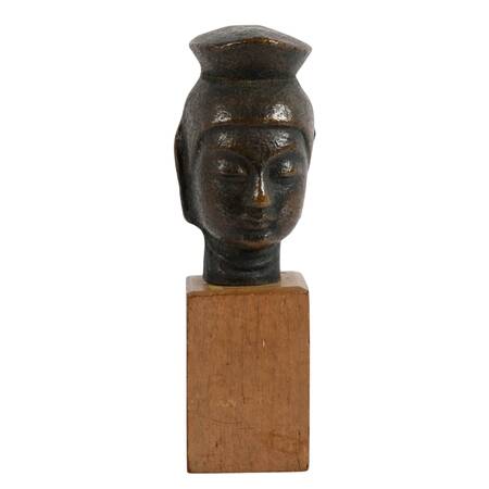 Miniature Bronze Head of Bodhisattva on Wood Base