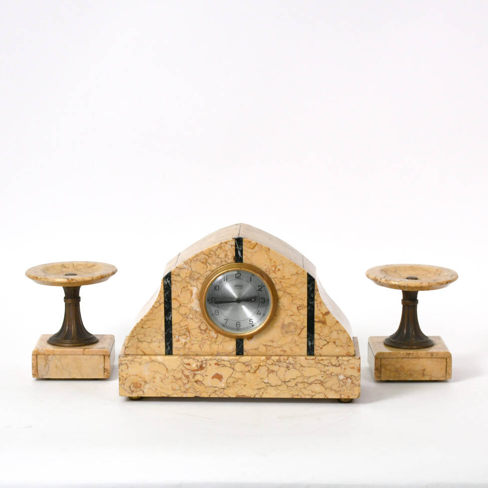 Antique Art Deco German Duovox Marble Clock and Garnitures Set