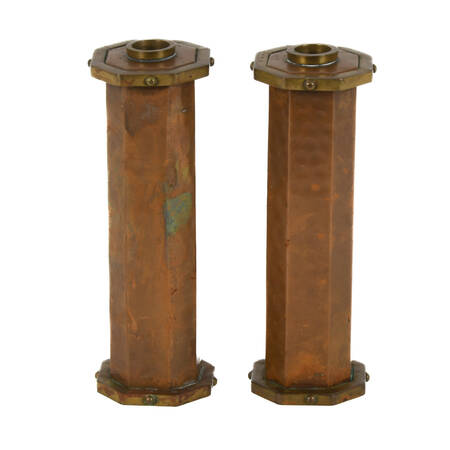 Antique Pair of Hammered Copper and Brass Nautical Candlesticks