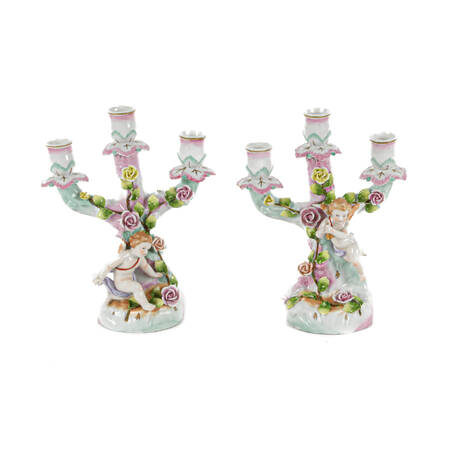 Antique Pair German Cupid Three Light Floral Candle Holders