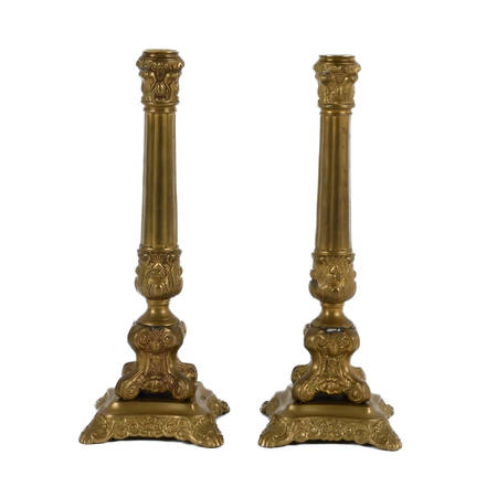 Pair Ornate Gold Candle Cast Metal Holders on Base