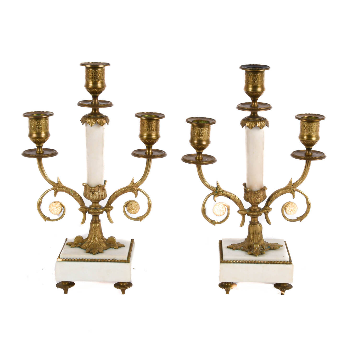 Pair of French Empire Gilt Bronze and Marble Candleholders