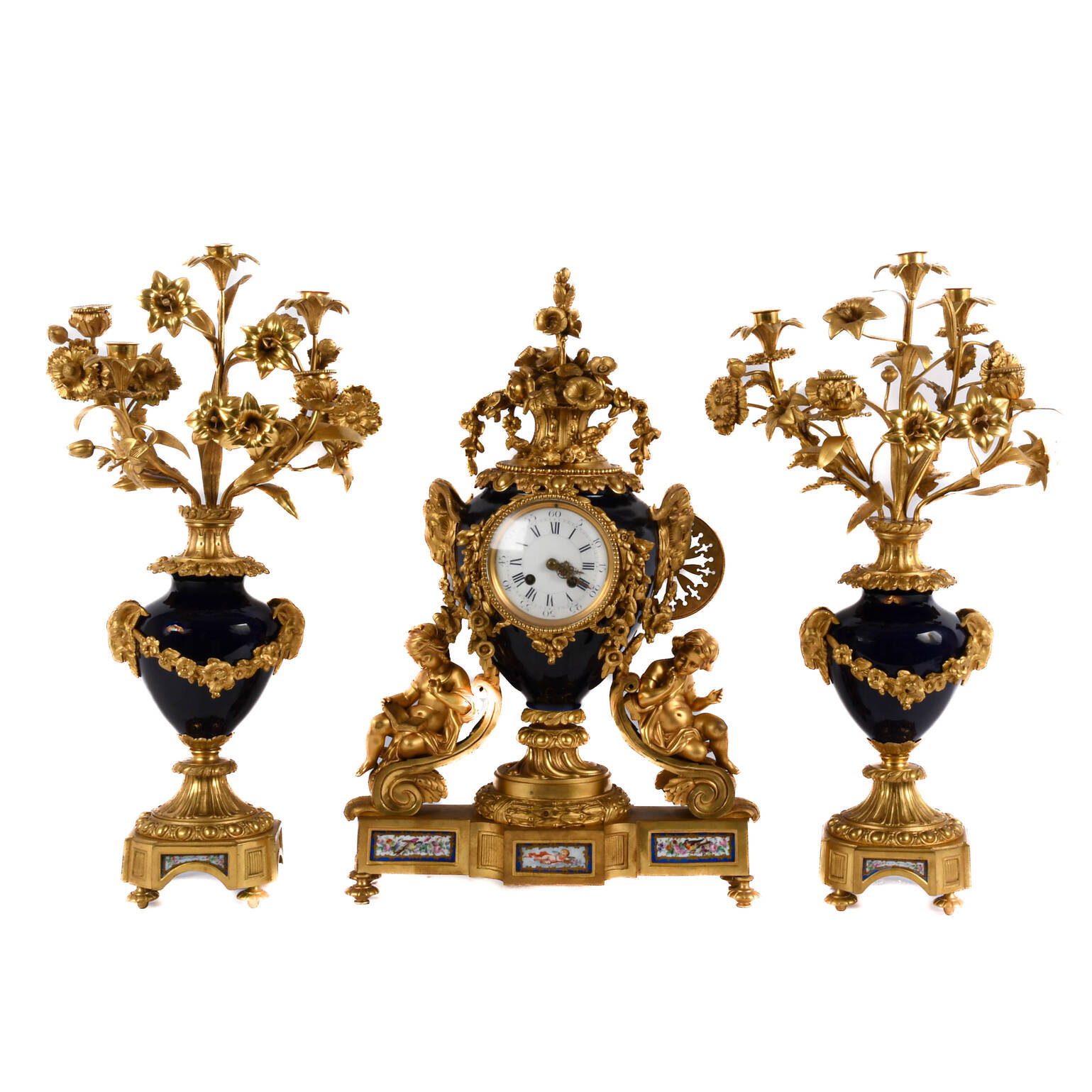 Antique French Japy Frères Bronze and Porcelain Clock Set