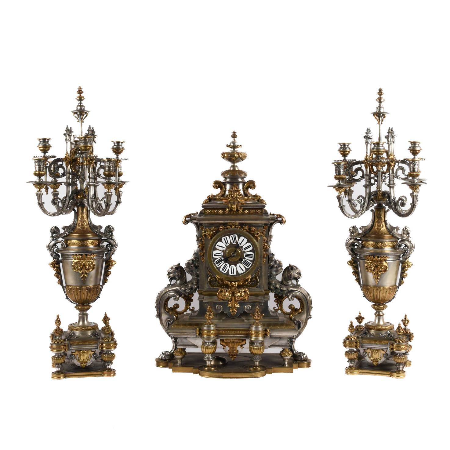 Antique French Empire Gilded Silver and Ormolu Candelabras and Clock Set