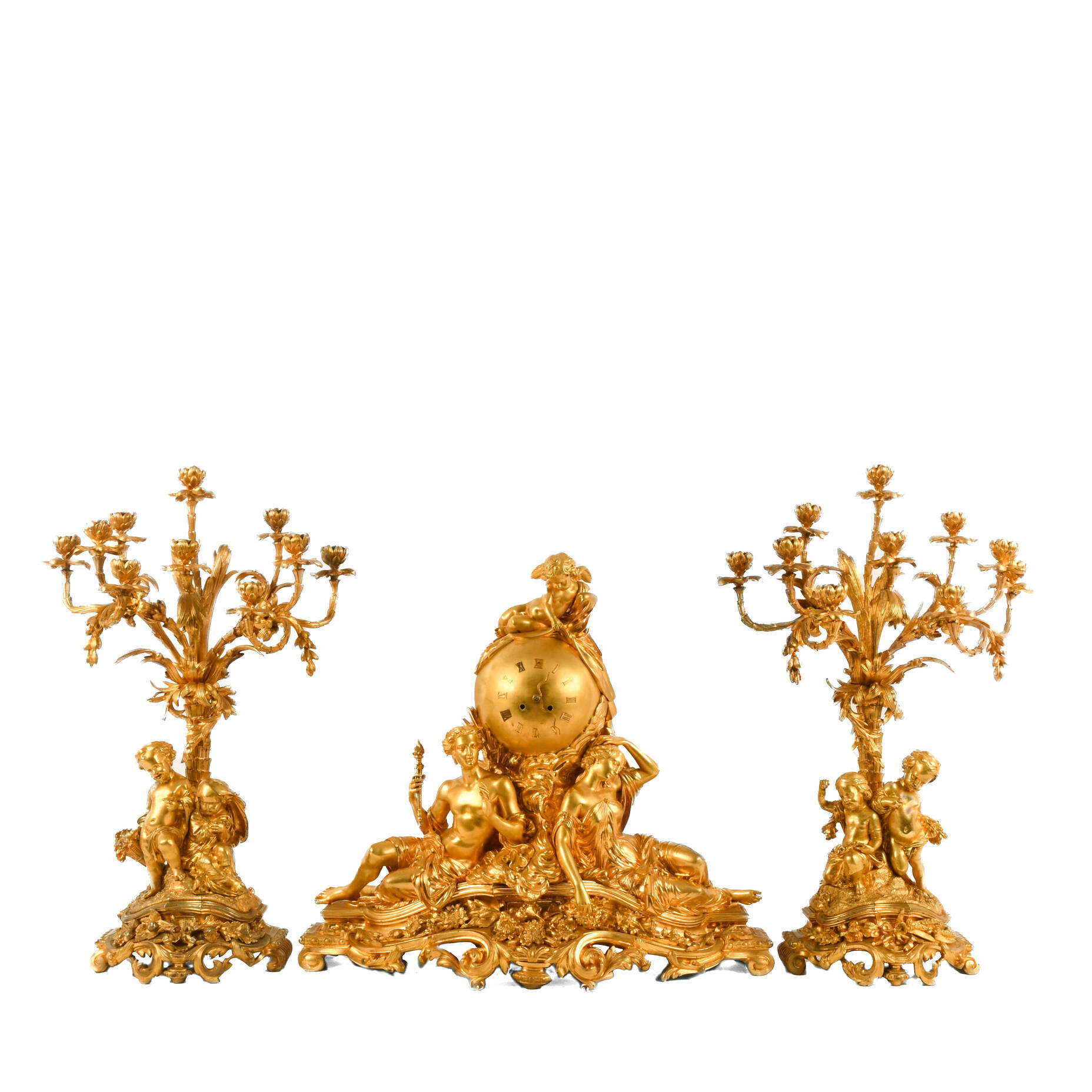French 3-Piece Palatial Dore Bronze Garniture Clock Set