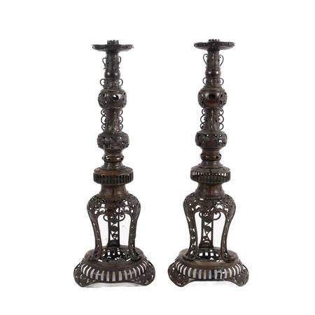 Antique Japanese Black Iron Filigree Column Candlesticks
