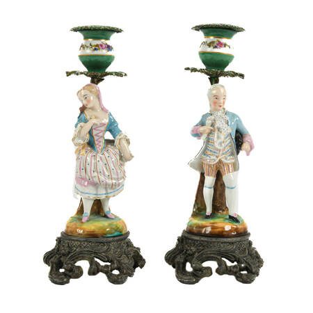Pair of Hand-Painted Classical Couple Statue Candleholders