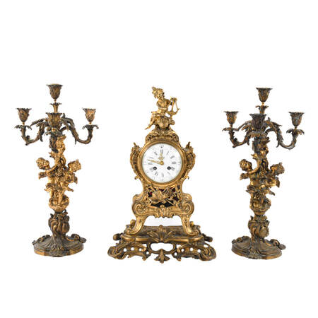 Antique Three-Piece Millet à Paris Bronze Clock and Candelabra Set