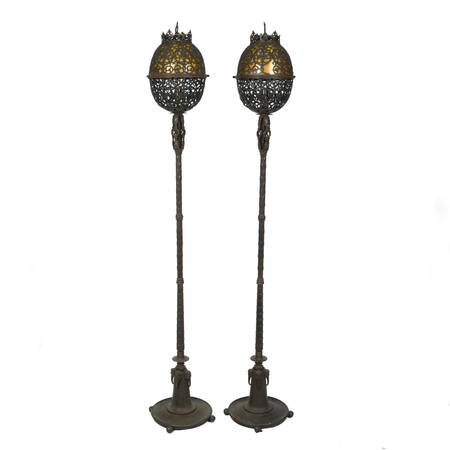 Antique Signed Oscar Bruno Bach Bronze and Aurene Glass Torchiere Lamps