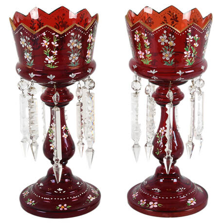 Pair of Hand-Painted Ruby Victorian Bohemian Lusters