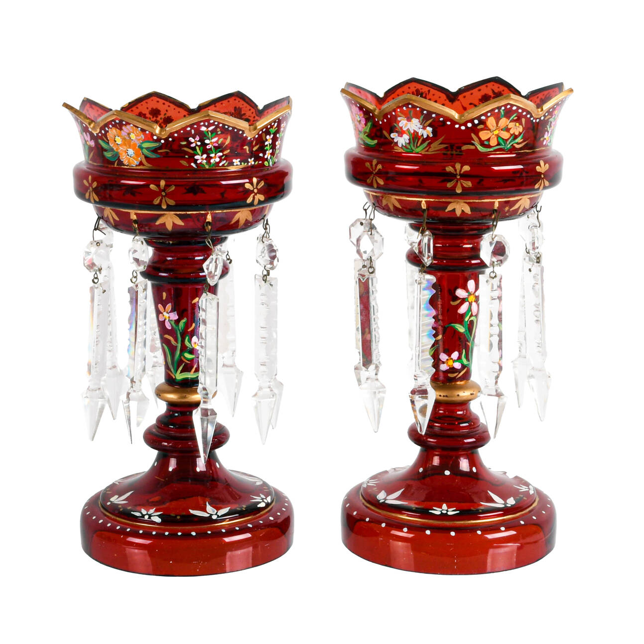 Victorian Ruby Bohemian and Hand-Painted Scalloped Edge Lusters
