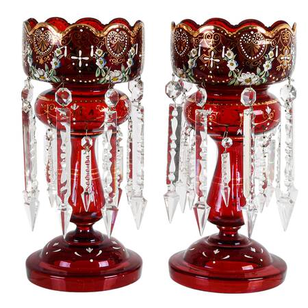 Victorian Pair of Ruby Bohemian and Hand-Painted Lusters